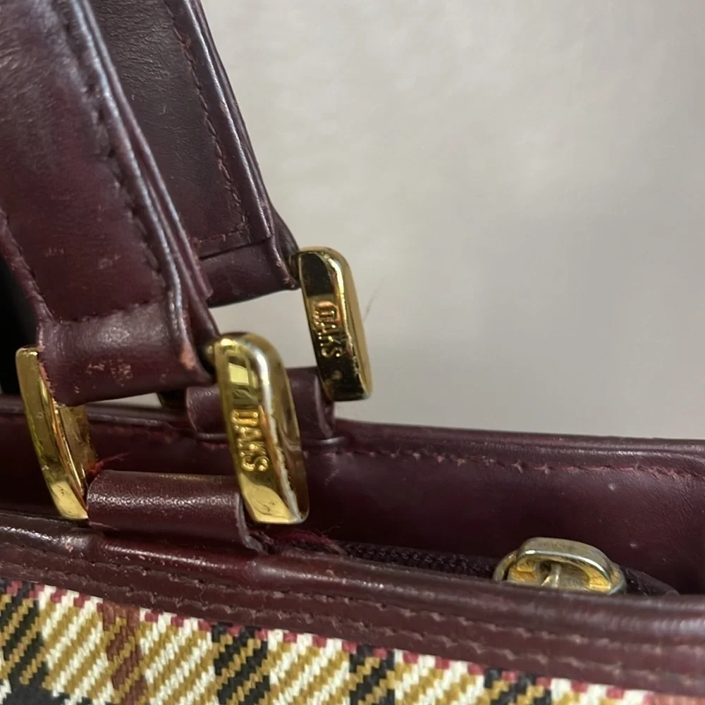DAKS Vintage Plaid Structured Tote Satchel Burgundy Leather Trim
